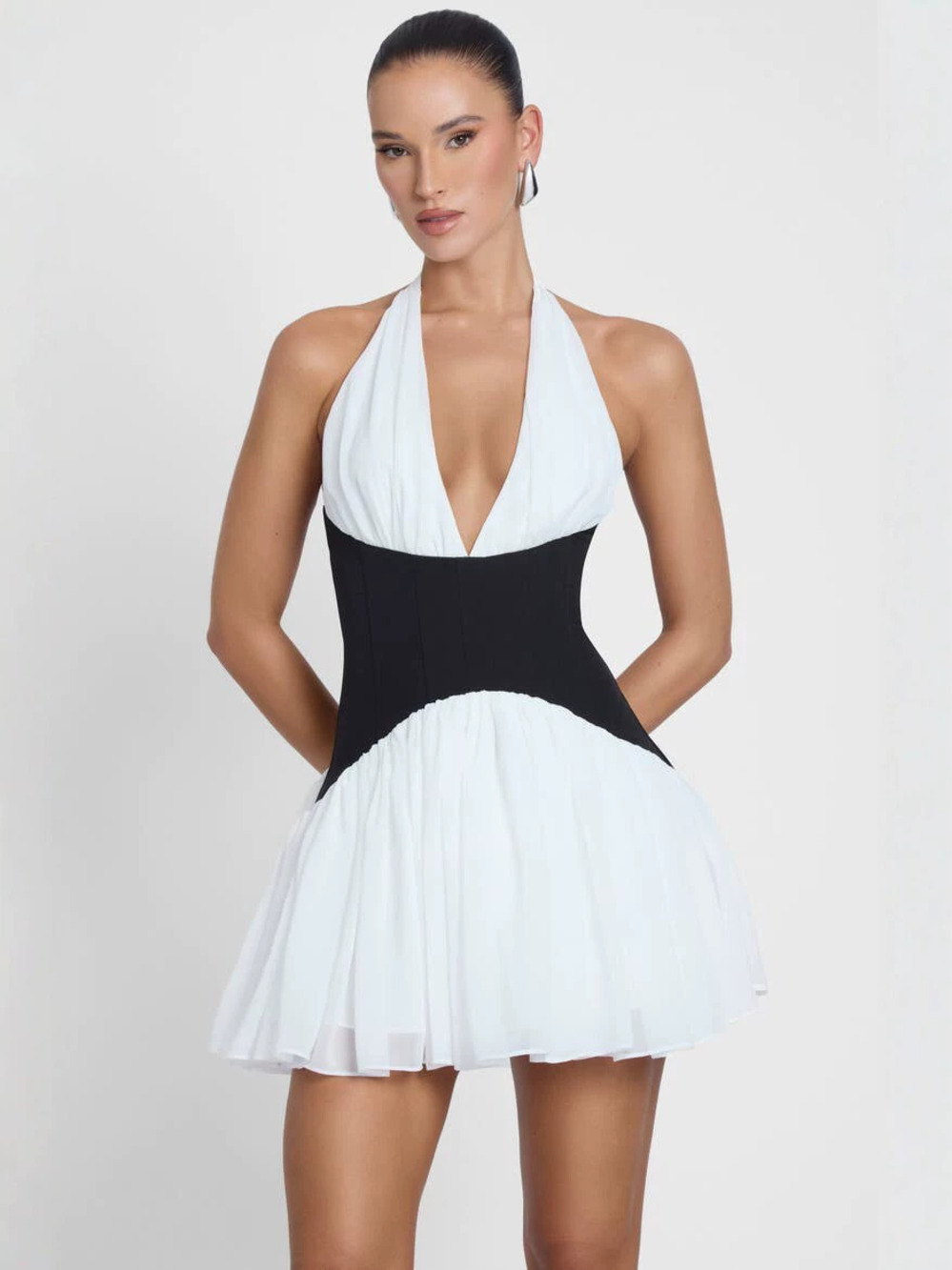 Zara Summer Backless Pearl Bow Bodycon Color Block Dress